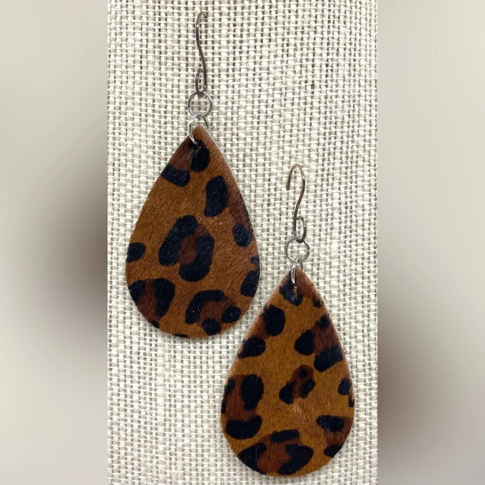 Brown Animal Print FauxFur Leather Dangle Earrings Boho Eclectic Y2K Festival